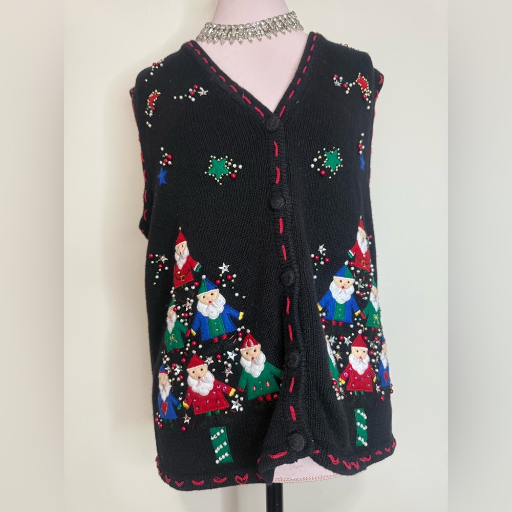 Bobbie Brooks Festive Black Santa Sweater Vest beaded in size large